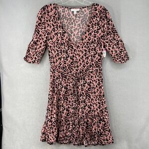 Topshop Dress Women's Sz 6 Pink Leopard Print V-Neck Tie Waist Ruffle Hem Midi